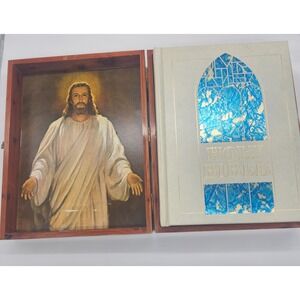 Vintage Holy Bible Book Set in Cedar Wood Box Jesus Religious Decor